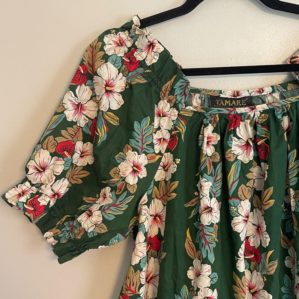 Tamare Hawaiian Islands Vintage Green Floral Muumuu Dress XL Cotton Made in USA - Picture 4 of 8